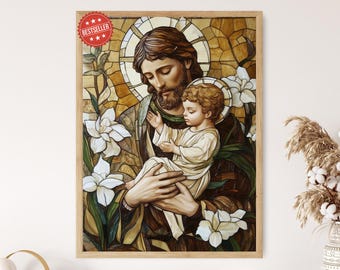 Saint Joseph and Child Jesus Art Print: Stained Glass Style Religious Decor