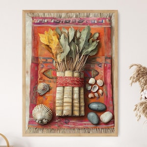 May include: A framed artwork featuring a bundle of dried leaves and stems wrapped with red twine. The artwork includes seashells and smooth stones on a colorful patterned background. The frame is made of light-colored wood.