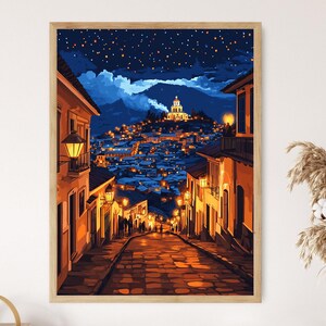 May include: A painting depicting a city street at night, with a church on a hill in the background. The street is lined with buildings and streetlights. The sky is dark blue with stars.