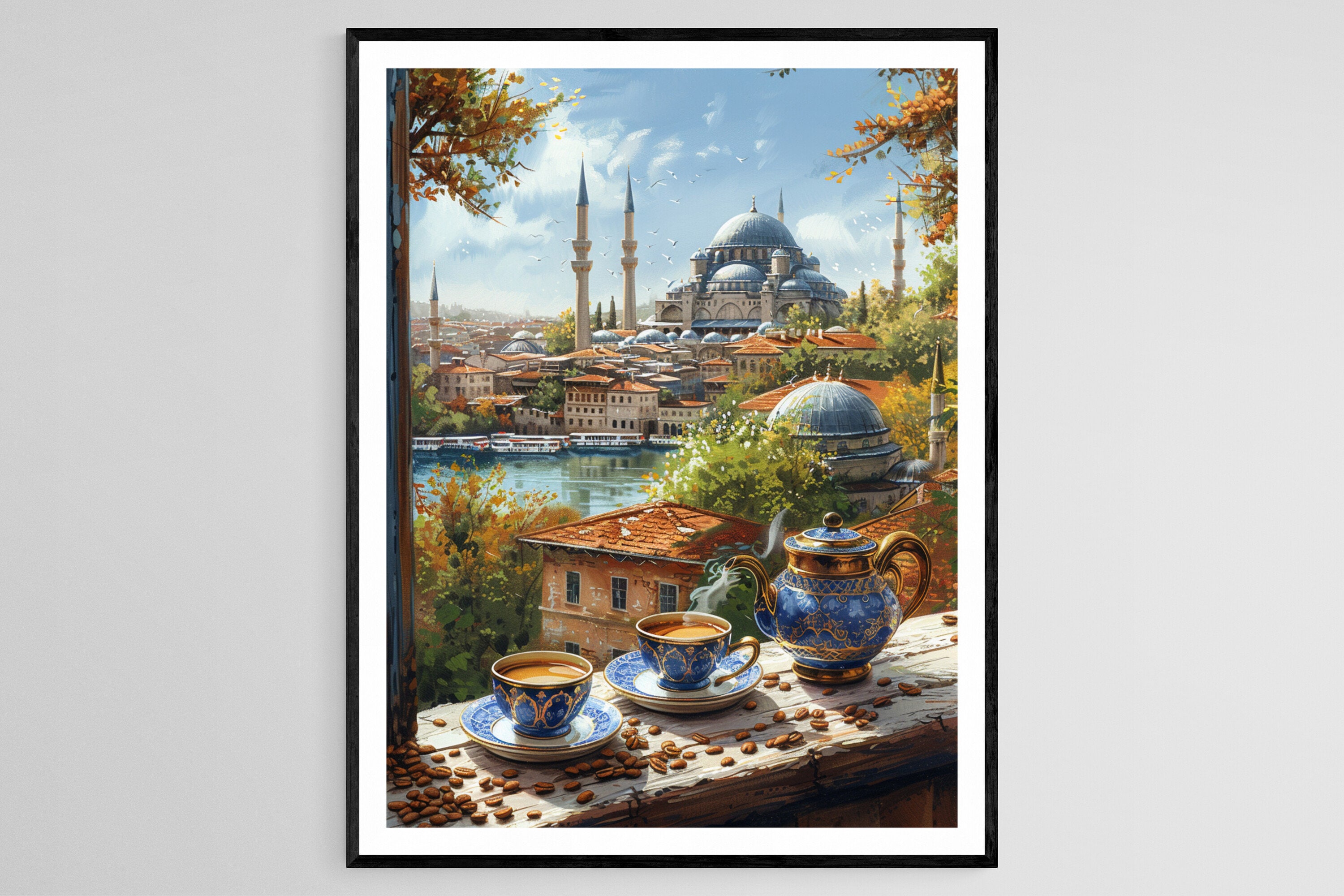 伝統的なトルココーヒーセットのプリント、精巧なアートワーク、華やか