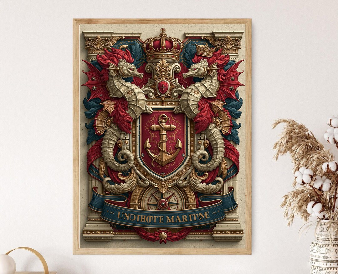 Maritime Heraldry Shield, Seahorse Compass Crest, Illustration Print - Etsy
