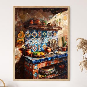 Op de afbeelding: Een schilderij van een kleurrijke keuken met blauwe en witte tegels, een houten aanrecht en verschillende potten en voedsel. De keuken is ingericht in een rustieke, Mexicaanse stijl.