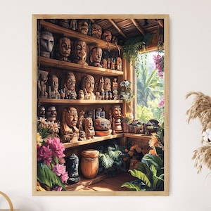 Hawaiian Tiki Statue Illustration, Hand-Carved Wood Art Print, Island Decor