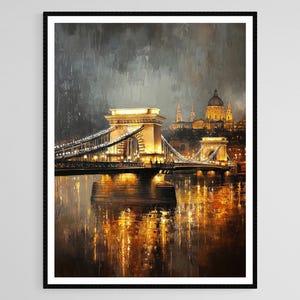 Budapest Chain Bridge Art Print, Night Illumination, Danube Reflections, Romantic Cityscape
