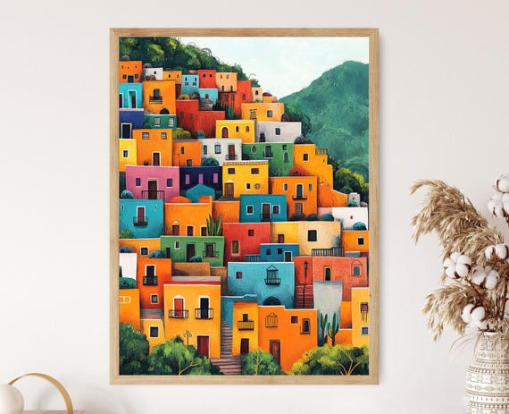 Colorful Mexican Hillside Art Print, Vibrant Mexico City