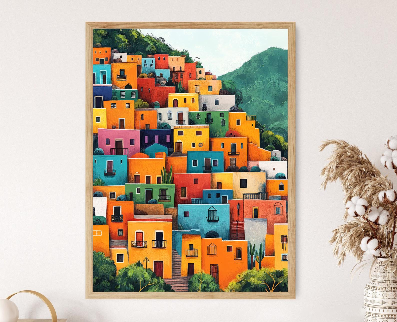 Colorful Mexican Hillside Art Print, Vibrant Mexico City