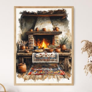 Op de afbeelding: Een schilderij van een knusse open haard met een knisperend vuur, omgeven door rustieke houten balken en een stenen haard. Boven de open haard op de schoorsteenmantel staan ​​aarden potten en andere rustieke decoraties. Voor de open haard ligt een geweven tapijt met een kleurrijk patroon.