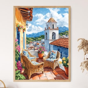 Lámina artística del patio de la azotea de Santiago de Cuba, póster de decoración vibrante