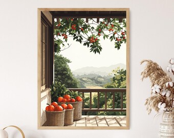 Nara Balcony Basket Painting, Persimmon Shiso Poster, Japan Temple Market Art Print