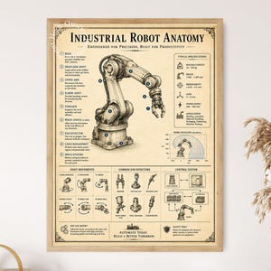 Peut inclure: Une affiche éducative encadrée intitulée Industrial Robot Anatomy, présentant une illustration technique détaillée d'un bras robotique avec des pièces numérotées, des spécifications, des schémas de mouvement et des types d'effecteurs sur fond beige.