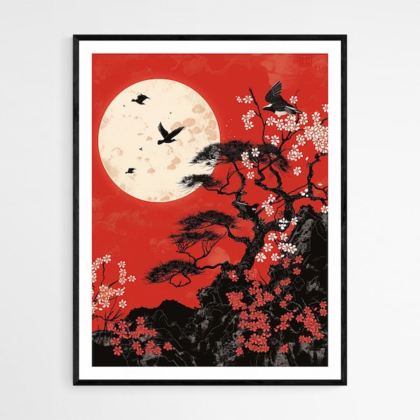 Hanafuda Kunstdruck, japanische Sakura Bilder, elegante Wandkunst