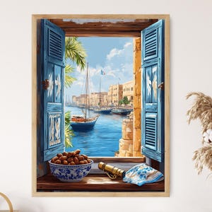 Port Said Window Illustration, Egyptian Nautical Motifs, Suez Canal View