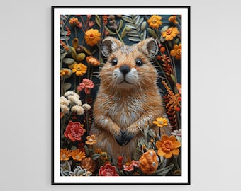 Quokka Stickerei Art Print - Niedliche Tier Handarbeiten, einzigartiges Geschenk für Wildtier Liebhaber