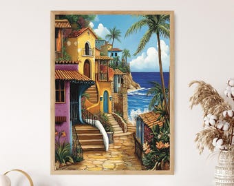Aguadilla Coast Art Print: Colorful Seaside Houses, Puerto Rico, Tropical Island View