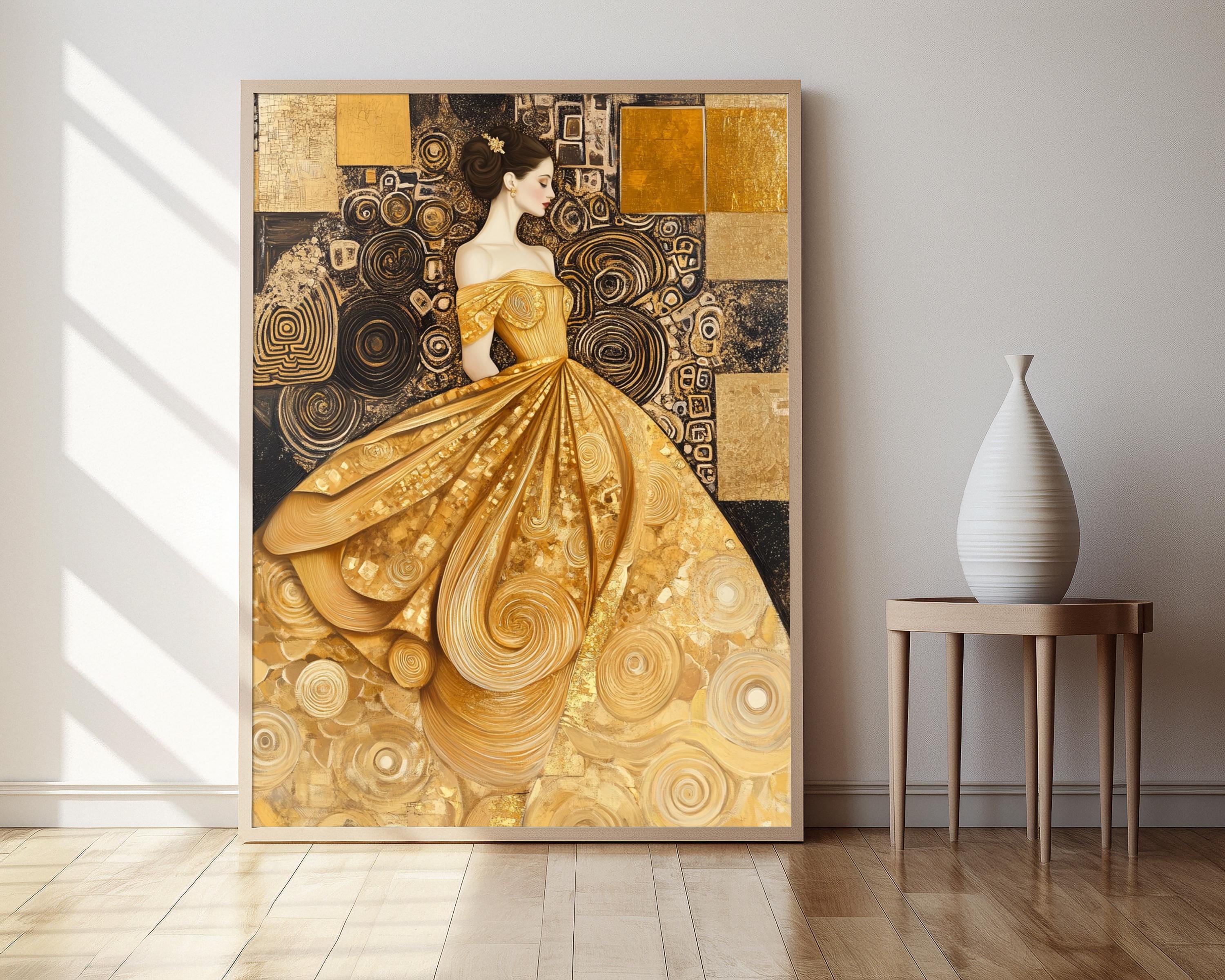 Klimt Inspired Woman in Gold Art Print, Geometric Patterns and Swirls ...