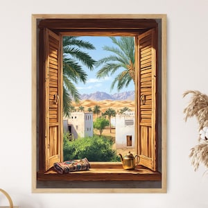 Może przedstawiać: Malowidło przedstawiające okno z drewnianymi okiennicami otwartymi, ukazującymi widok na pustynny krajobraz z palmami i budynkami. Na parapecie stoi czajnik.