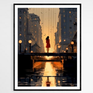Illustration Art Print, Serene Girl on Bridge Scene, Perfect Wall Decor, Unique Birthday Gift