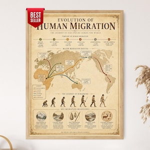 Peut inclure: Une affiche éducative encadrée intitulée Evolution of Human Migration sur fond beige vintage. Elle présente une carte du monde avec des flèches colorées indiquant les routes migratoires, une chronologie et des illustrations d'étapes clés.