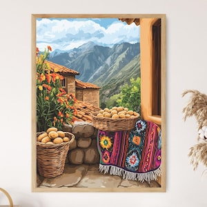 May include: A framed print of a rural scene with a stone building, mountains, and baskets of potatoes. A colorful woven textile covers a table. Orange flowers and a blue sky complete the picturesque view.