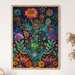 Vibrant Huichol Tribal Art Print, Mexican Heritage Decor