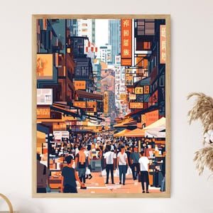 May include: A vibrant illustration of a crowded street in Hong Kong, featuring tall buildings with colorful signs in Chinese characters. The street is bustling with people, creating a sense of energy and movement.