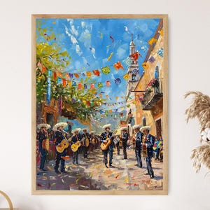 Op de afbeelding: Een kleurrijk schilderij van een straatbeeld in Mexico met een groep muzikanten die instrumenten bespelen. De muzikanten dragen traditionele kleding en sombreros. De straat is versierd met kleurrijke vlaggen en slingers. Het schilderij is uitgevoerd in een levendige stijl met felle kleuren en penseelstreken.