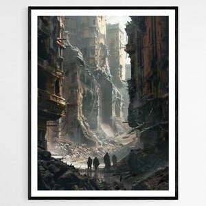 Dystopische Dreamscape Art Print, boeiend interieur, visionair kantooraccent, ideaal voor boekenliefhebbers