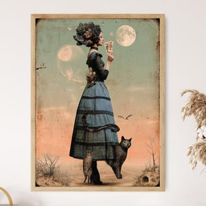Impression d'art surréaliste femme tarot, collage de mode d'inspiration vintage, illustration lunatique chat lune, décoration murale mystique victorienne