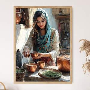 Kurdish Chai Art Print, Rustic Kitchen with Copper Pots
