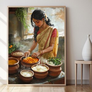 May include: A woman in a yellow and red sari is preparing food in a kitchen. She is surrounded by several clay pots filled with different ingredients. The pots are arranged on a wooden table.