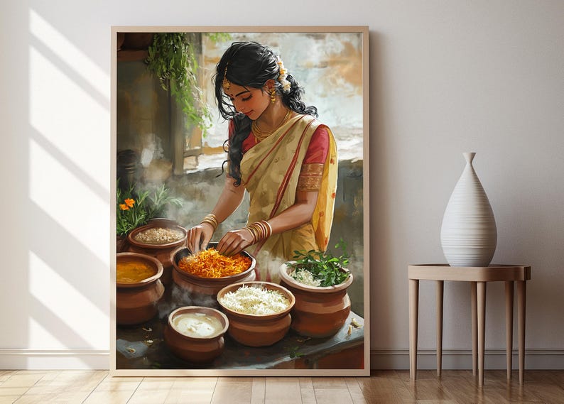 May include: A woman in a yellow and red sari is preparing food in a kitchen. She is surrounded by several clay pots filled with different ingredients. The pots are arranged on a wooden table.