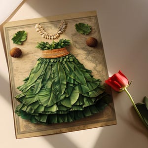 May include: A green leaf skirt with a gold belt and a shell necklace on a vintage map background.