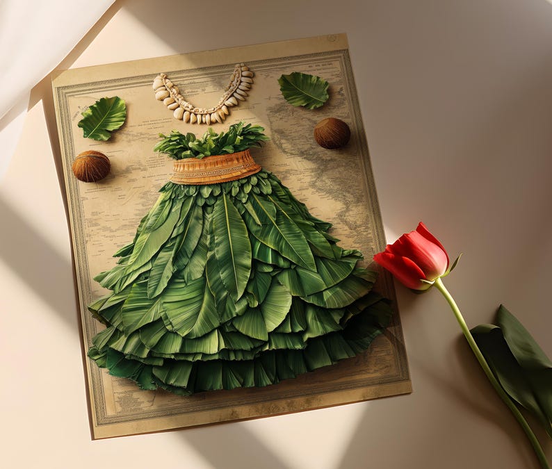 May include: A green leaf skirt with a gold belt and a shell necklace on a vintage map background.