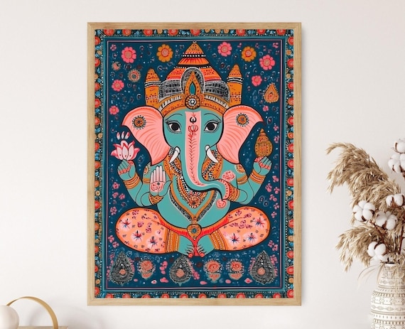 Ganesh Mithila Art Print, Indian Folk Blessings and Symbols