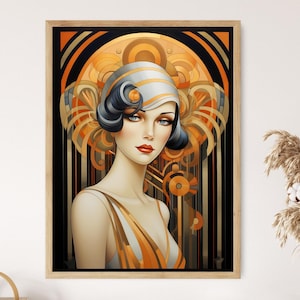 May include: Art Deco style portrait of a woman in a framed print. The woman has blue eyes, red lips, and wears a silver and white headpiece. The artwork features orange, gold, and black colors.