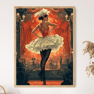 Könnte beinhalten: Eine Frau in einem weißen Tutu und einem roten Oberteil tritt auf der Bühne auf. Sie ist von einem roten und goldenen Bühnenvorhang umgeben und ein Scheinwerfer leuchtet auf sie. Die Bühne ist mit funkelnden Lichtern geschmückt.