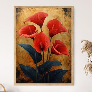 Peinture botanique élégante d'Anthurium, impression d'art de fleur rouge