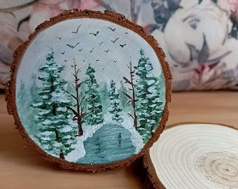 Tranche de bois peinte à la main | Peinture acrylique | Paysage d'hiver