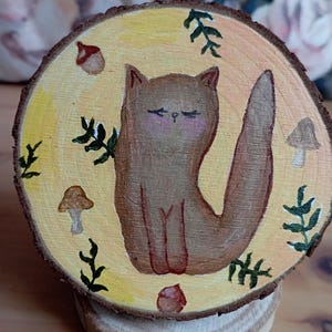Tranche de bois peinte à la main | Peinture acrylique | Chat d'automne