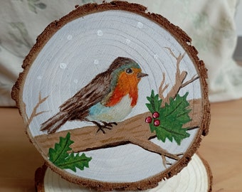 Handgeschilderde houtplak | Acryl schilderij | Wintervogel