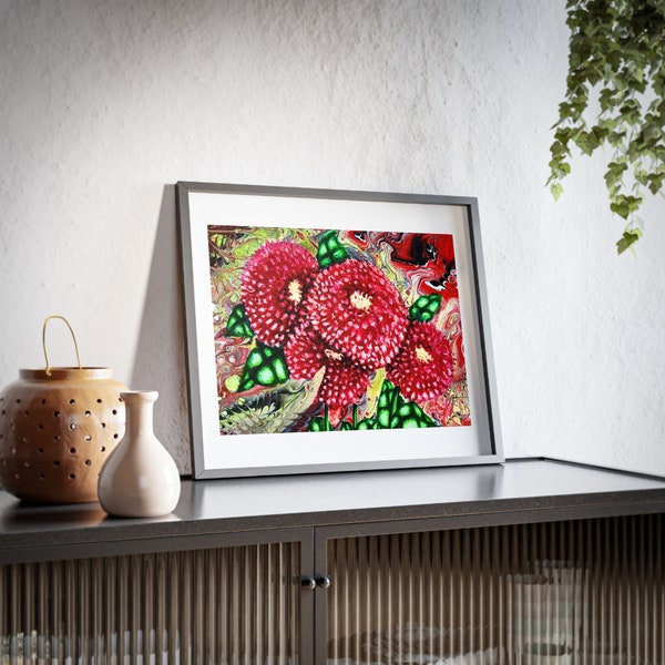 Round red Flowers art painting print black perspex frame. Home and living wall decor