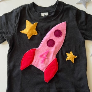 Plush Pink Spaceship Tee-100% Soft Cotton-Can Be Personalized w/ Birthday Number or Initial-Space Birthday-Rocket Ship-Soft and Furry image 2