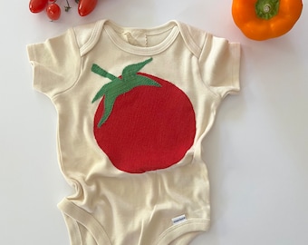 Farm Fresh Cotton Baby Bodysuit- recycled sustainable tomato applique- gender neutral gift-eco friendly baby/toddler outfit- garden themed