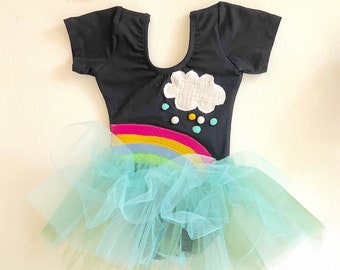 Rainbow and Rain Cloud Leotard Tutu- Rainbow Dress- Rainbow Costume- Rainbow Outfit-Pom Pom raindrops