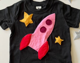 Plush Pink Spaceship Tee-100% Soft Cotton-Can Be Personalized w/ Birthday Number or Initial-Space Birthday-Rocket Ship-Soft and Furry