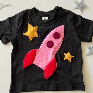 Plush Pink Spaceship Tee-100% Soft Cotton-Can Be Personalized w/ Birthday Number or Initial-Space Birthday-Rocket Ship-Soft and Furry image 1