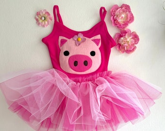 Little Piggy Leotard Tutu Dress-Piggy Costume-Farm Themed Party Dress-Girls Pink Pig Dress