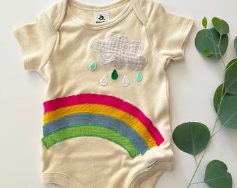 Rainbow and Cloud Onesie®-Cotton Natural Color-Recycled Fabric Applique-Gender Neutral-Eco Friendly-Rainbow Baby Gift
