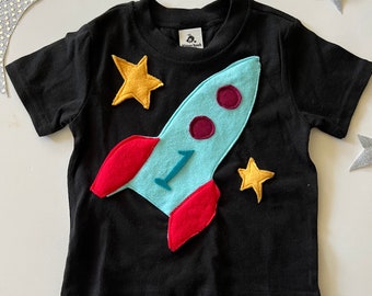 Plush Blue Spaceship Tee-100% Soft Cotton-Can Be Personalized w/ Birthday Number or Initial-Space Birthday-Rocket Ship-Soft and Furry