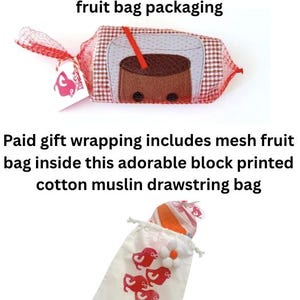 May include: A red and white checkered mesh fruit bag containing a brown drink-themed pouch with a red straw, and a white cotton drawstring bag featuring red bird prints and a white flower accent, with text describing packaging options.